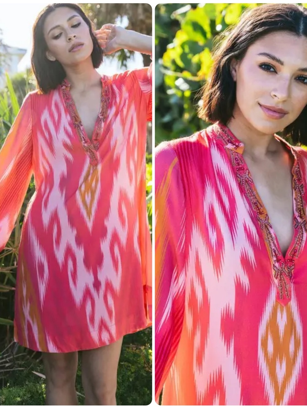 Figue Rylene Embroidered Pink Ikat Dress Sz Medium Tassel Belt Boho Resortwear